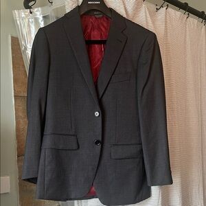 Custom Indochino charcoal wool suit. Silk burgundy lining. Jacket AND pants.